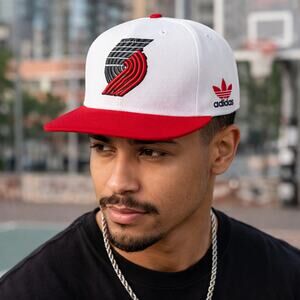 Adidas NBA Portland Trail Blazers White Red Snapback Hat Flat Brim